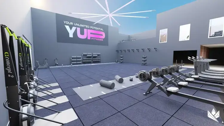 salle de training yup en 3D avec le matériel dessiné
